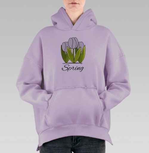 Фотография футболки Белые тюльпаны и зелёные листья весна надпись Spring