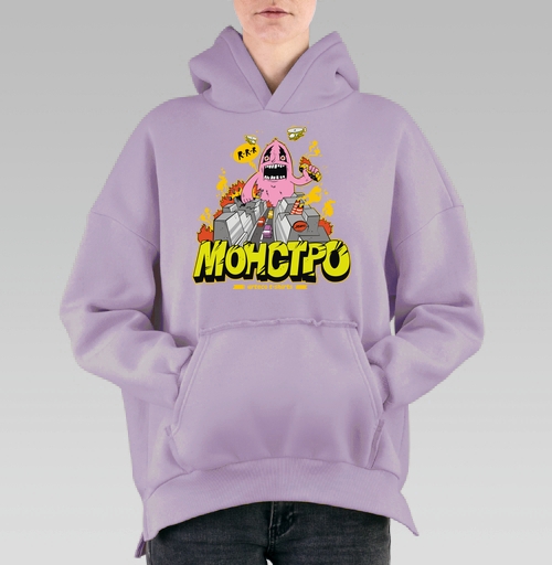 Фотография футболки Энергичный Pink Monster / Розовый монстр рушит серый город и мегаполис в огне