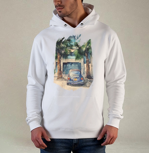 Фотография футболки Городская сцена с синим Фольксваген Жуком