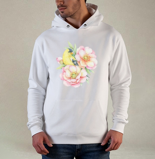 Фотография футболки Нежная птица среди розовых цветов