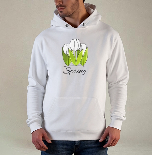 Фотография футболки Белые тюльпаны и зелёные листья весна надпись Spring