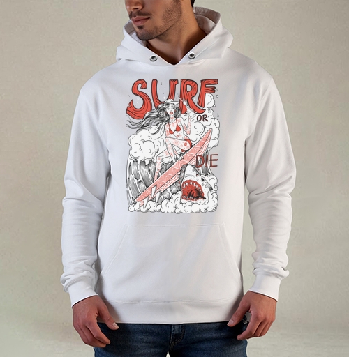 Фотография футболки Девушка Серфер На Волне С Акулами Surf Or Die