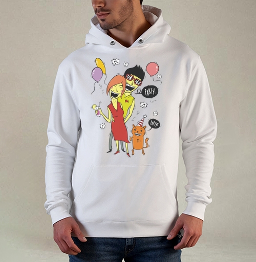 Фотография футболки Pop art вечеринка / Party с женщиной мужчиной и рыжим котом PARTY ТУСУЕМСЯ