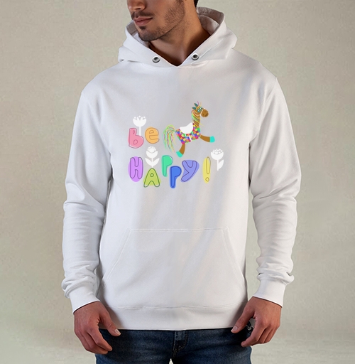 Фотография футболки Яркая игрушка-конь с позитивной надписью Be Happy