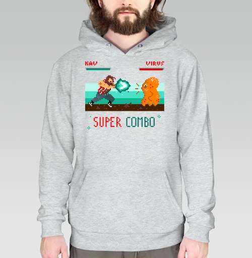 Фотография футболки Энергичная битва в пиксель-арт стиле с SUPER COMBO
