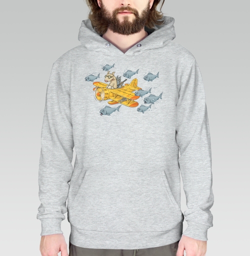 Фотография футболки Антропоморфные герои в жёлтом биплане преследуют стаю рыб летают среди облаков