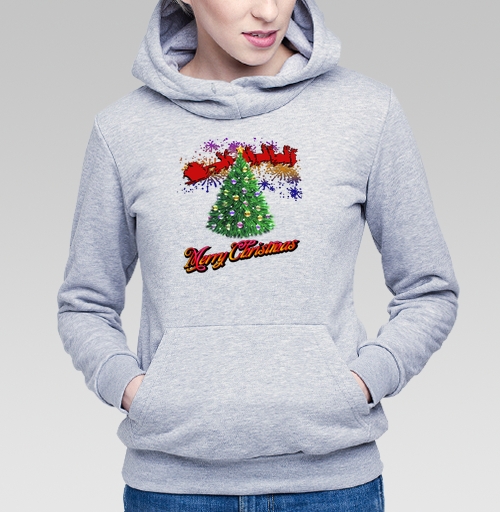 Фотография футболки Яркая новогодняя елка с оленями и Merry Christmas надписью