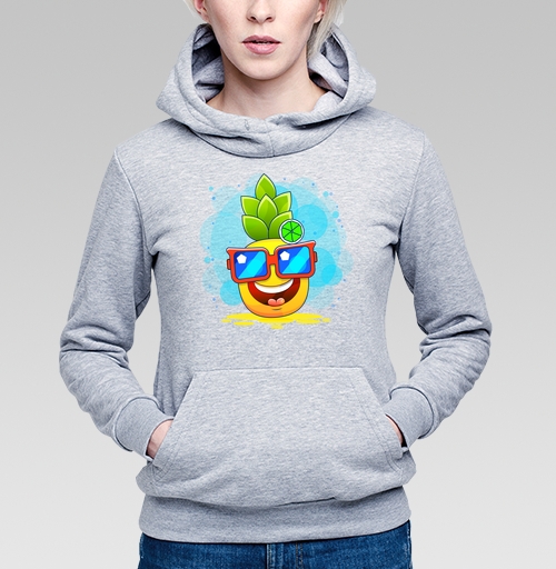Фотография футболки Веселый ананас в очках с лаймом над головой на сером фоне
