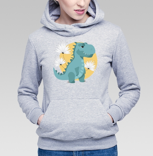 Фотография футболки Динозавр рекс голубой на фоне солнца и цветов