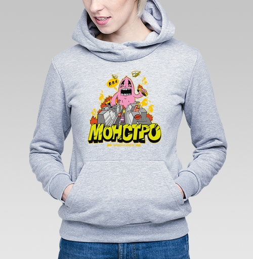 Фотография футболки Энергичный Pink Monster / Розовый монстр рушит серый город и мегаполис в огне