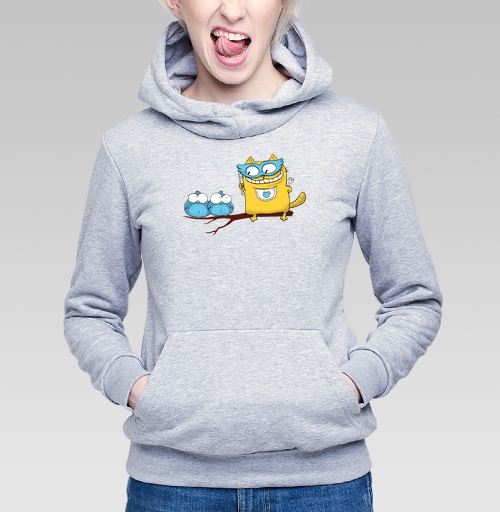 Фотография футболки Yellow Superhero Cat / Желтый супергерой кот угрожает маленьким синим птичкам