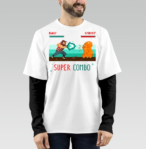 Фотография футболки Энергичная битва в пиксель-арт стиле с SUPER COMBO