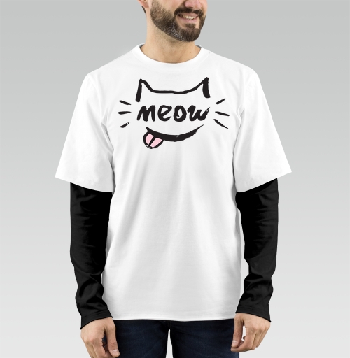 Фотография футболки Игривый кот с надписью meow и высунутым язычком
