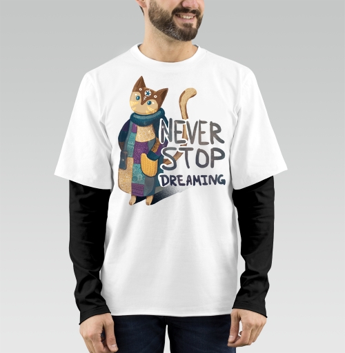 Фотография футболки Яркая вдохновляющая стилизованная кошка NEVER STOP DREAMING