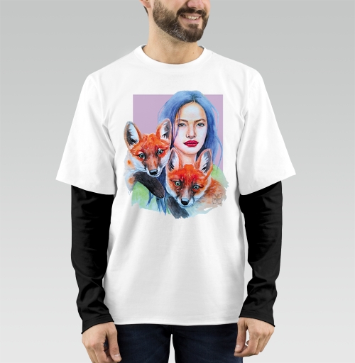Фотография футболки Женщина с синими волосами и лисятами — акварельное искусство