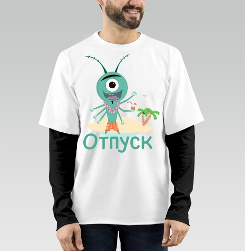 Фотография футболки Весёлый зелёный циклоп отдыхает на острове под пальмой в отпуск
