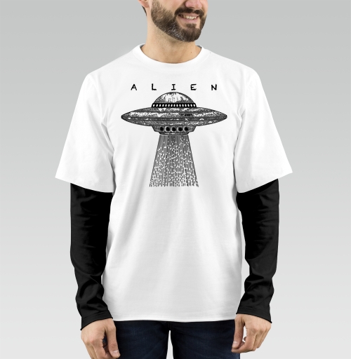 Фотография футболки Винтажный НЛО с лучом света и надписью ALIEN