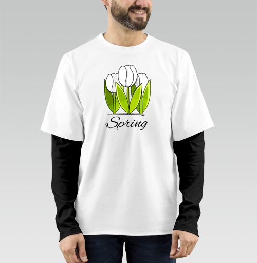 Фотография футболки Белые тюльпаны и зелёные листья весна надпись Spring