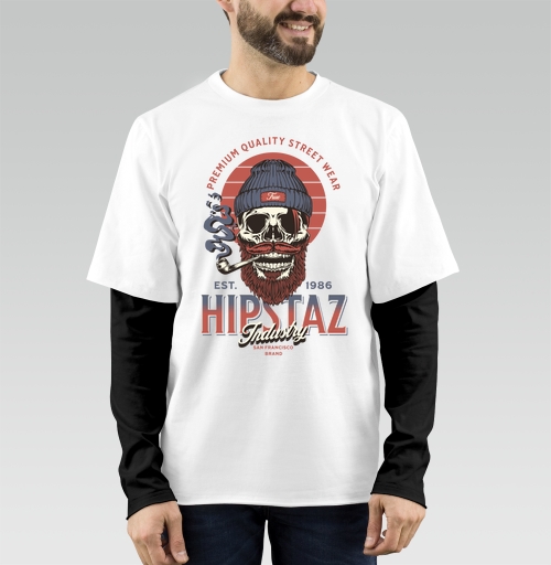 Фотография футболки Череп хипстер с трубкой и бородой для одежды street wear