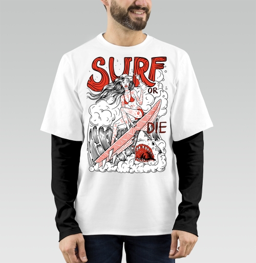 Фотография футболки Девушка Серфер На Волне С Акулами Surf Or Die
