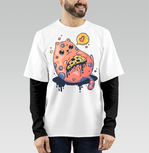 Фотография футболки Милый кот с гигантской пиццей в стиле Creepy Cute