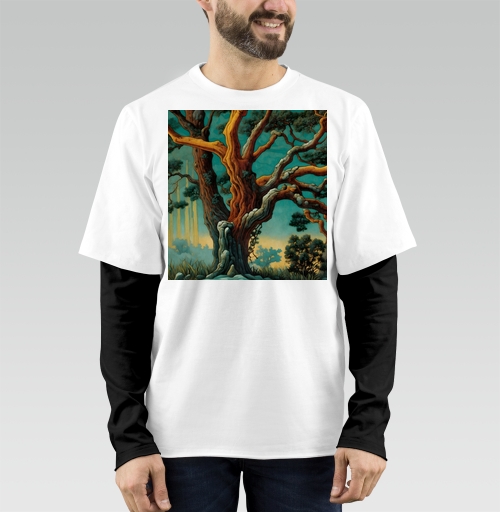 Фотография футболки Golden tree in turquoise forest / Золотое дерево в бирюзовом лесу