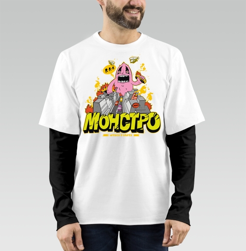 Фотография футболки Энергичный Pink Monster / Розовый монстр рушит серый город и мегаполис в огне