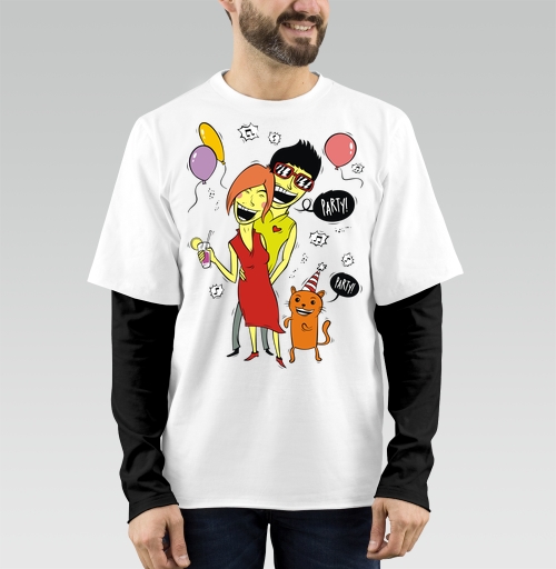 Фотография футболки Pop art вечеринка / Party с женщиной мужчиной и рыжим котом PARTY ТУСУЕМСЯ
