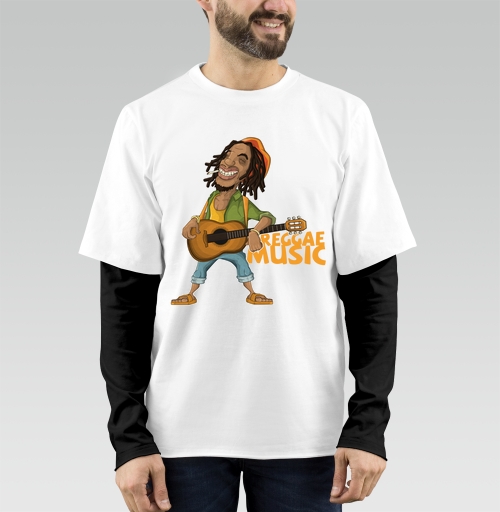 Фотография футболки Веселый растаман с гитарой в яркой одежде REGGAE MUSIC Регги-музыка