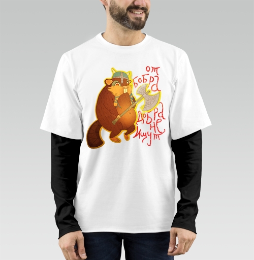 Фотография футболки Мультяшный бобер викинг с боевым топором в защите дома