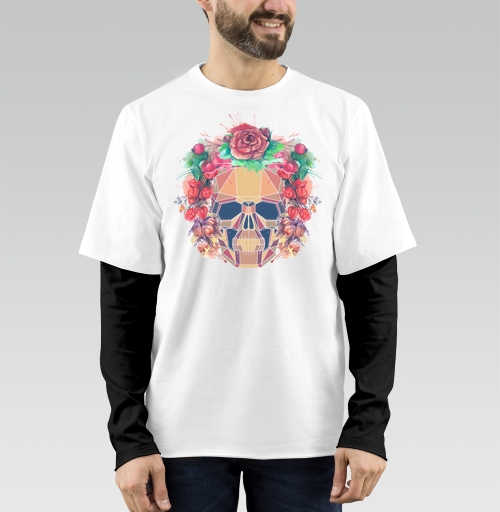 Фотография футболки Polygonal human skull and watercolor wreath.Los muertos.