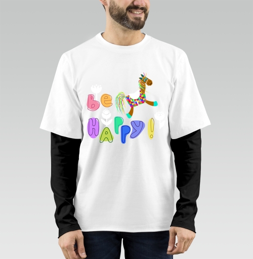 Фотография футболки Яркая игрушка-конь с позитивной надписью Be Happy