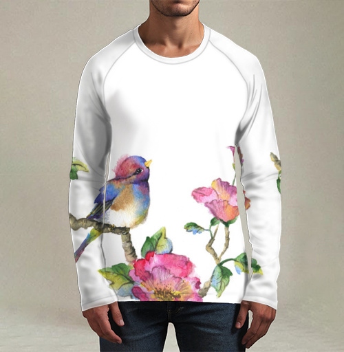 Фотография футболки Птичка на ветке с розовыми цветами