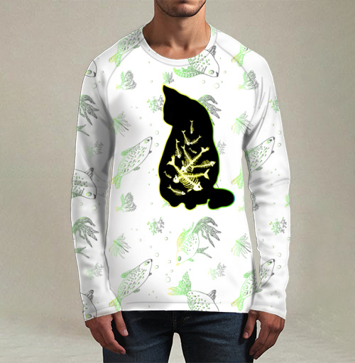 Фотография футболки Кот с рыбьими скелетами внутри контуром кота