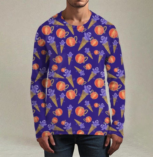 Фотография футболки Halloween Holiday Pumpkin Pattern Темно Фиолетовый Оранжевый Морозное Сладкое