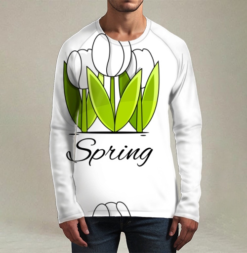 Фотография футболки Белые тюльпаны и зелёные листья весна надпись Spring
