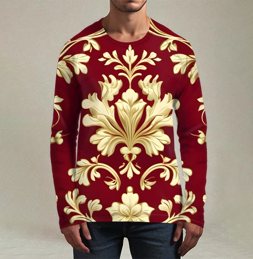 Фотография футболки Золотой дамасский узор на темном бордовом фоне Golden damask pattern