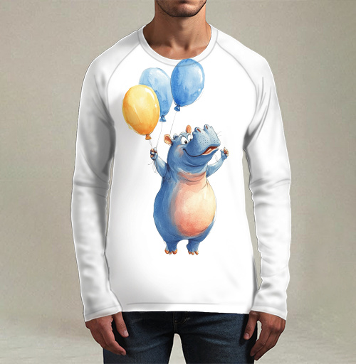 Фотография футболки Watercolor Blue Hippo with Balloons / Акварельный бегемот с шариками