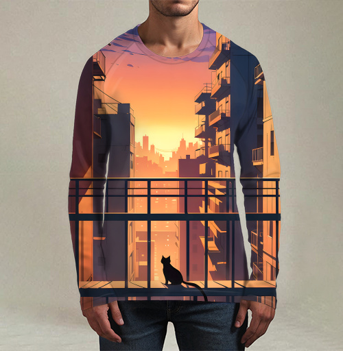Фотография футболки Silhouette Cat Watching City Sunset Силуэт кота смотрящего на закат города