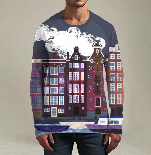 Фотография футболки Вечерние дома Амстердама Amsterdam houses на фоне ночного города