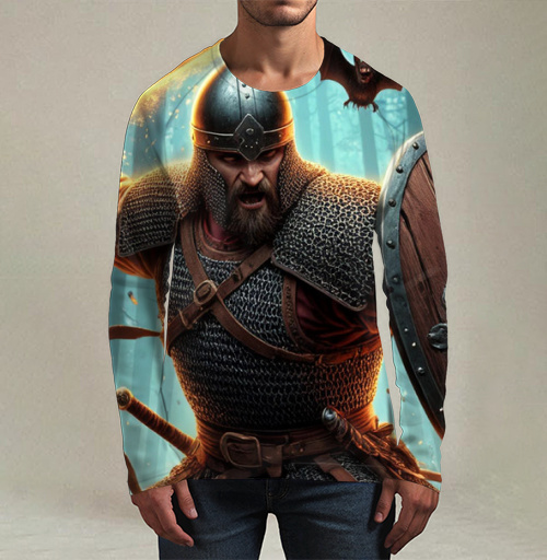 Фотография футболки Viking / Викинг - Яростный викинг с пылающим мечом и щитом воин северная битва