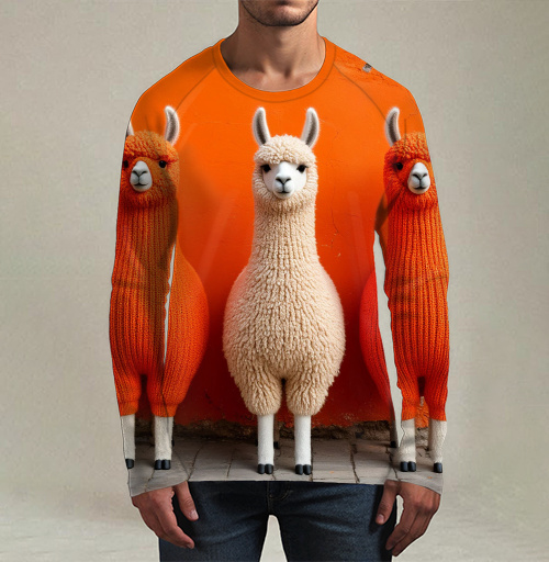 Фотография футболки Llamas in orange sweaters / Ламы в ярких свитерах у оранжевой стены