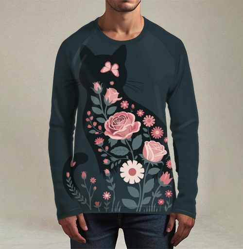 Фотография футболки Изящный грациозный силуэт черного кота в розах Floral cat rose