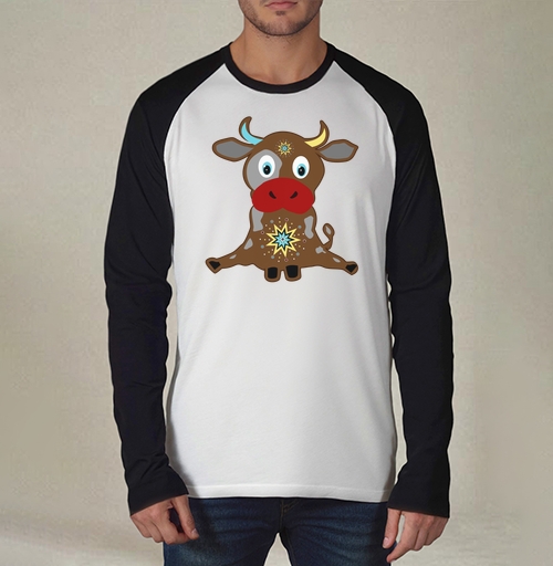 Фотография футболки Весёлый коричневый бычок со звёздами анимация сидя ноги
