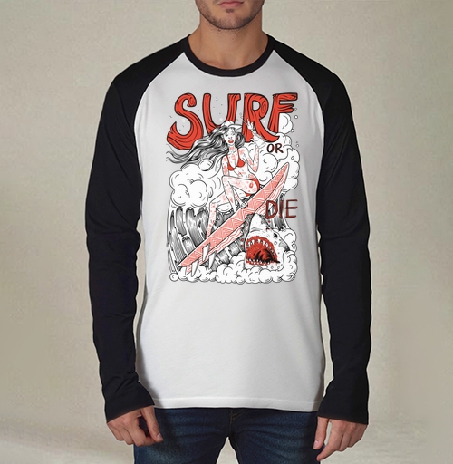 Фотография футболки Девушка Серфер На Волне С Акулами Surf Or Die