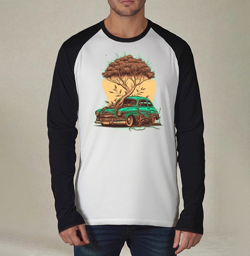 Фотография футболки Сюрреалистичная иллюстрация: дерево и винтажный автомобиль