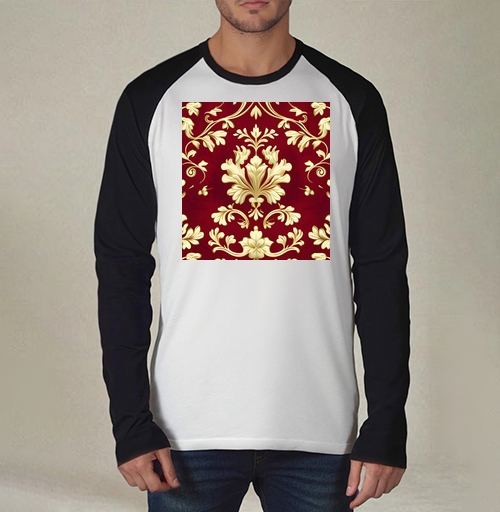 Фотография футболки Золотой дамасский узор на темном бордовом фоне Golden damask pattern