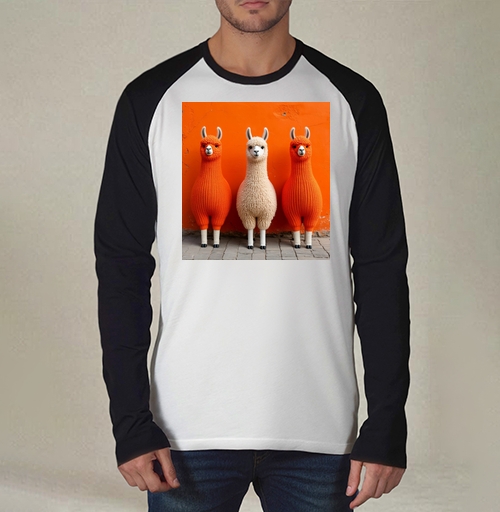 Фотография футболки Llamas in orange sweaters / Ламы в ярких свитерах у оранжевой стены