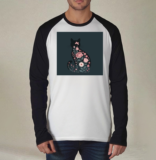 Фотография футболки Изящный грациозный силуэт черного кота в розах Floral cat rose