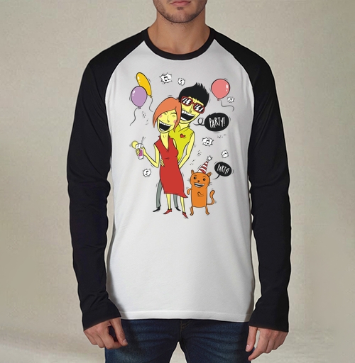 Фотография футболки Pop art вечеринка / Party с женщиной мужчиной и рыжим котом PARTY ТУСУЕМСЯ